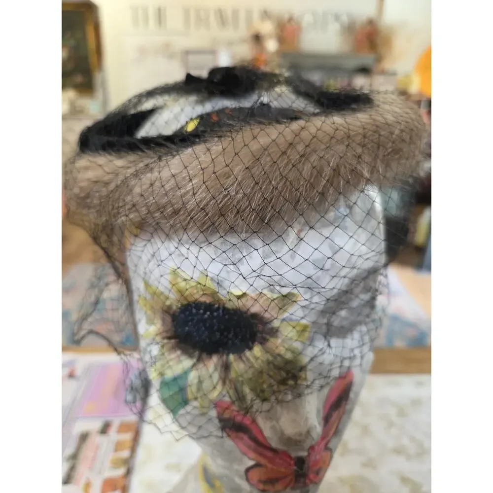 1950s Pill Box Mink Fur Hat With Lace / Veil Face Cover Dinner HAT